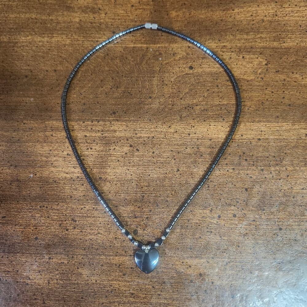 Hematite Heart Pendant Necklace 18 Inch Barrel Bead Screw Clasp Metallic Gray
